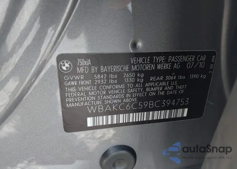2011 BMW 750I xDrive from USA, damaged, VIN WBAKC6C59BC394753